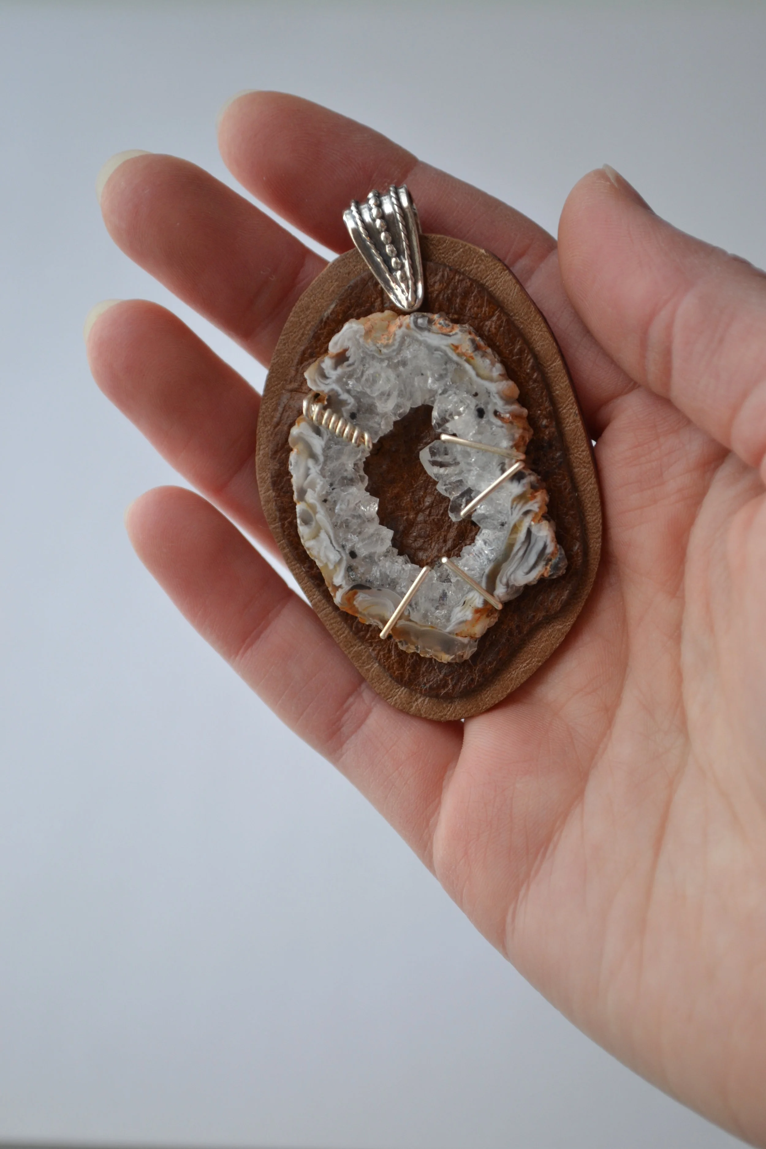 Slice Pendant, Handcrafted by L.E.W. designs - Leather, Agate and Sterling Silver - lewdesigns.com.JPG