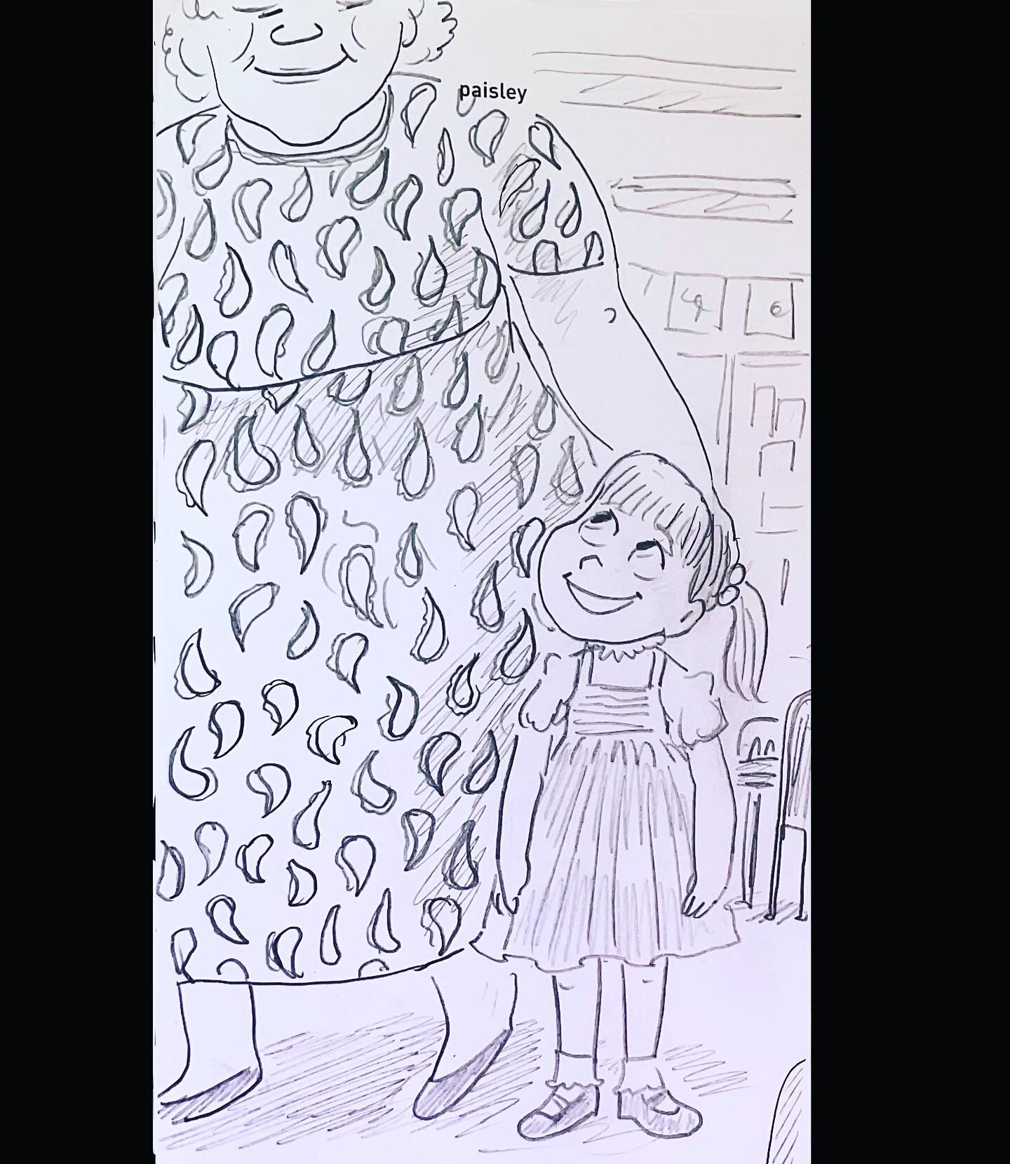 Something I love about prompt drawing is how it gets your mind to recall details that have gotten lost in the memory clutter. This one I drew a while back, my Kindergarten teacher always wore dresses with paisleys on them.
