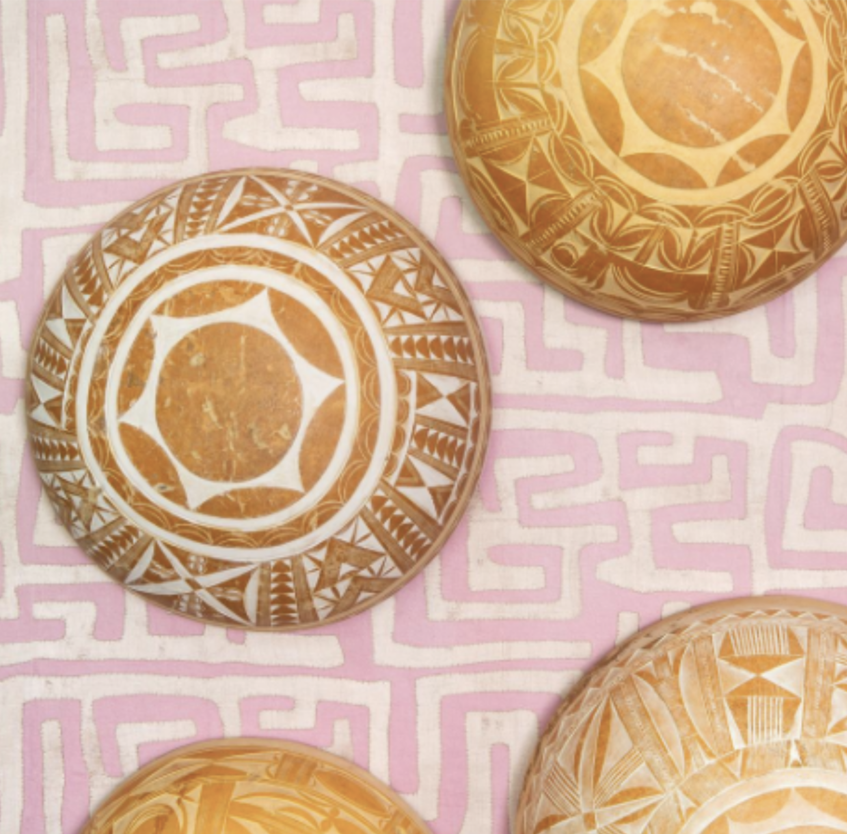 Yoruba Calabash Bowls Art Object and Terracota Classic Kuba Cloth Wallpaper at St. Frank.com