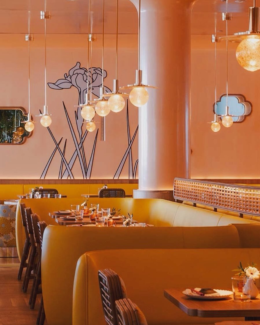 @indiamahdavi &lsquo;s identifiable style is hard to miss @makotobalharbour the booths, chairs, layout and wonderful color palette are on point for a 50s inspired Miami brasserie with Japanese undertones. 🍣💛