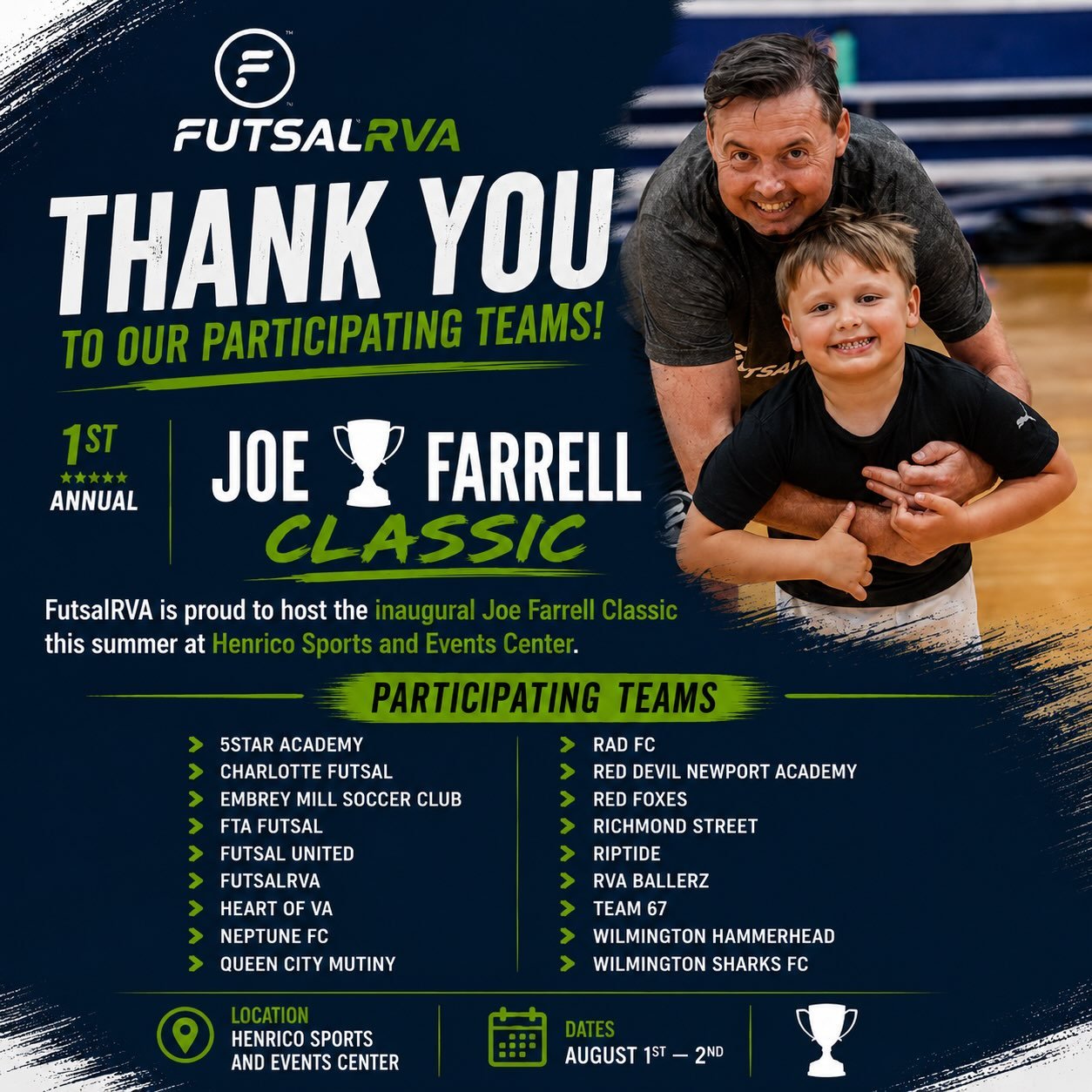 The countdown is on!

This weekend, we&rsquo;re honored to welcome teams from across the region for the 1st Annual Joe Farrell Classic, held in honor of our great friend and FutsalRVA co founder, Joe Farrell.

Thank you to every team, coach, player, 