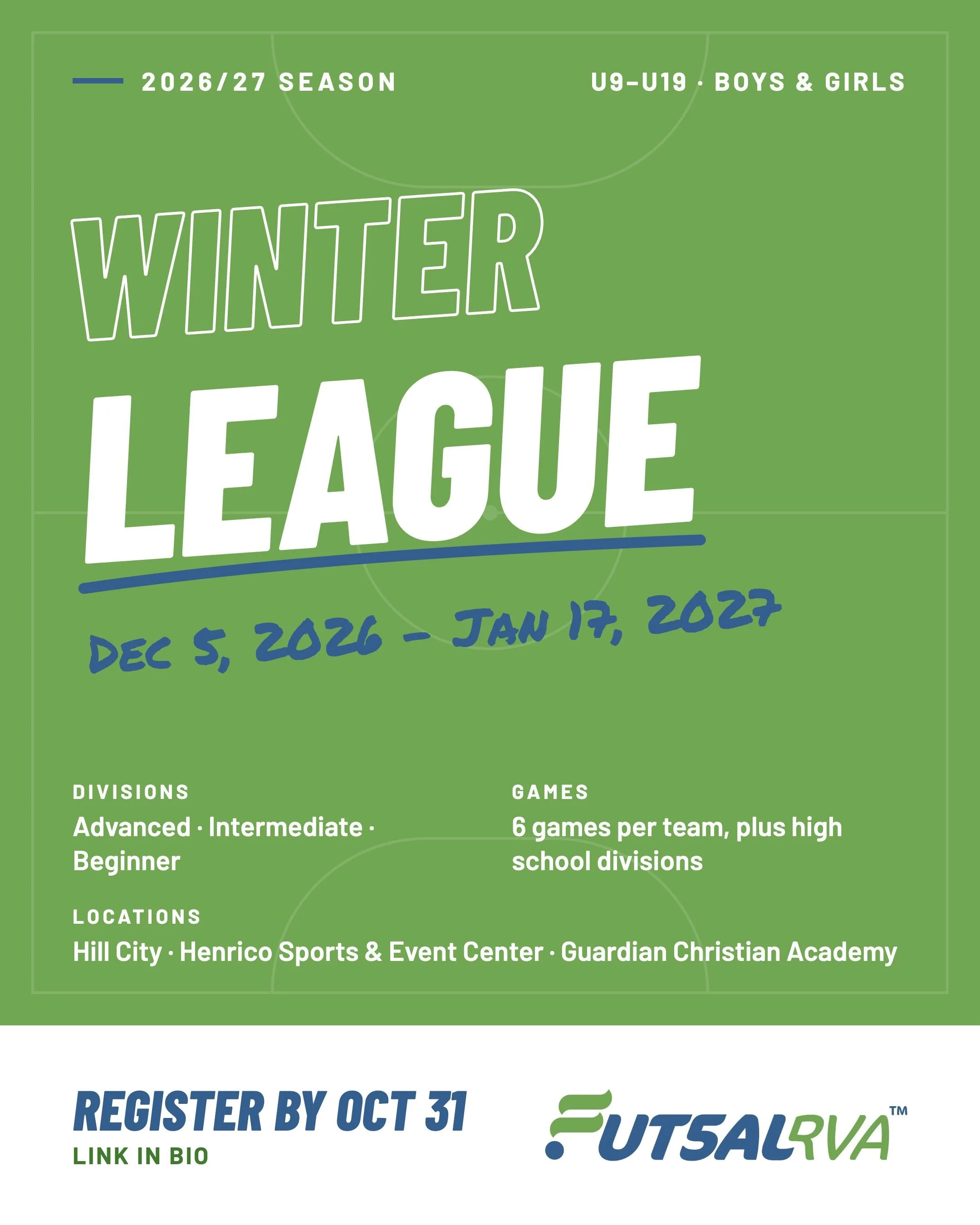 The 2026/27 FutsalRVA Winter League is here!

From December 5 through January 17, teams from U9&ndash;U19 boys and girls, including high school divisions, will compete in a structured futsal environment designed to create the right level of challenge