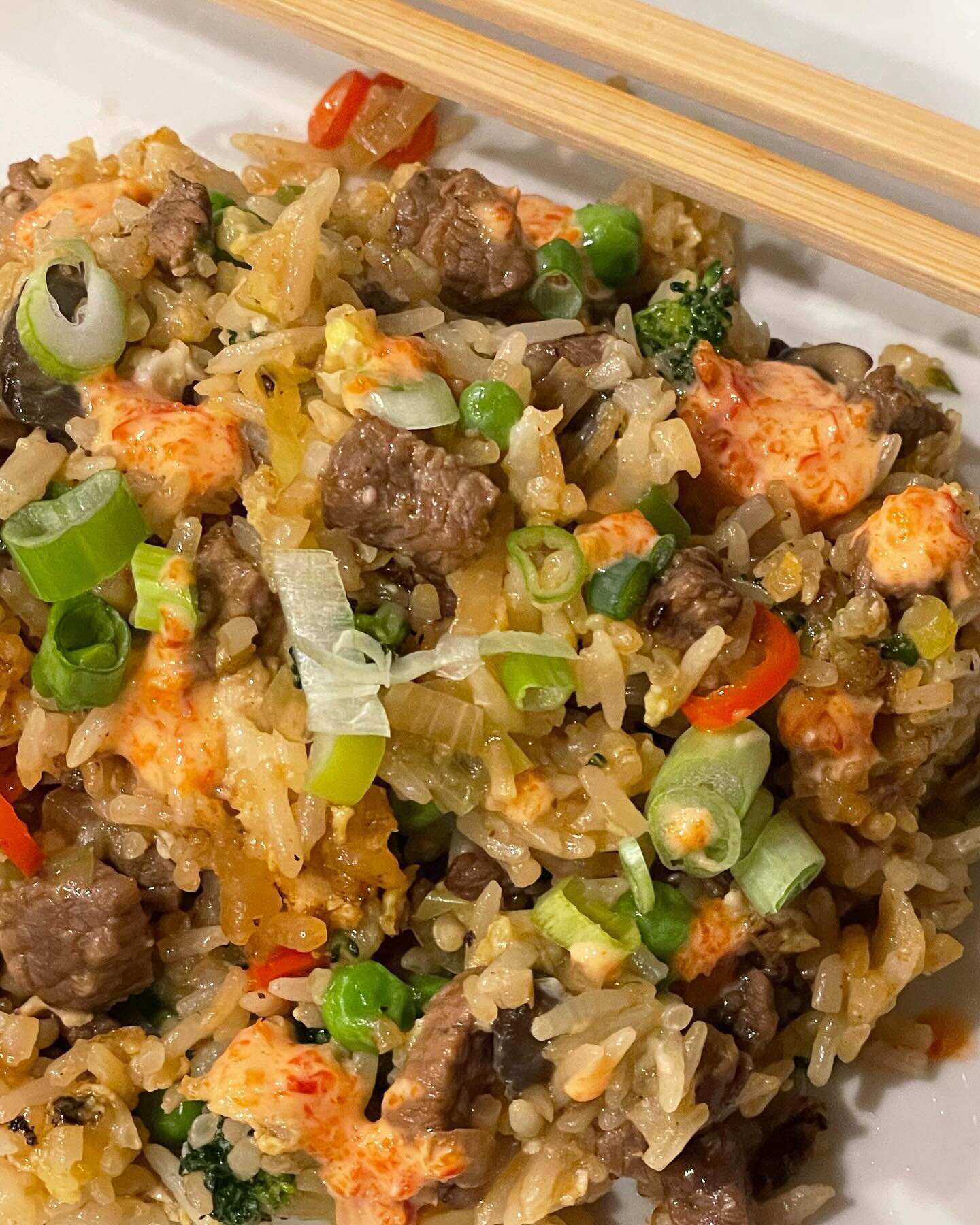 Purpose-built steak fried rice using local Utah raised Bar 10 sirloin steak, green onion, Jasmine rice, shallot, garlic, chilies, mushroom, broccoli, eggs, soy and oyster sauce and butt loads of white pepper&hellip; little smidge of spicy fermented p