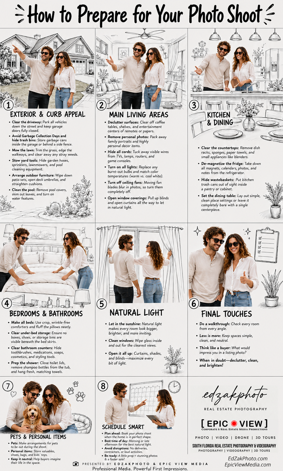 How to prepare for a real estate photo shoot checklist showing home staging, curb appeal, kitchen, bedrooms, and scheduling tips by EdZakPhoto and Epic View Media.