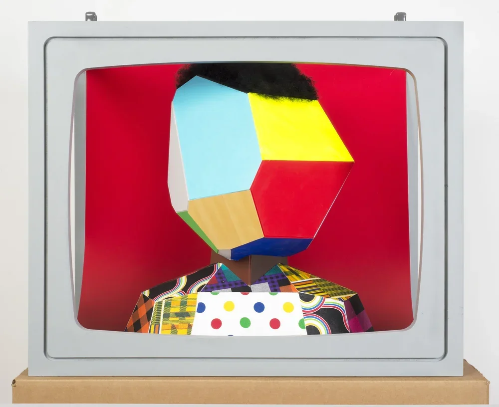  Boxhead 5. 2014.  
 
Mixed media sculpture. 23 in. x 28 in. x 19 in. From the “LIVE and IN COLOR” series. 