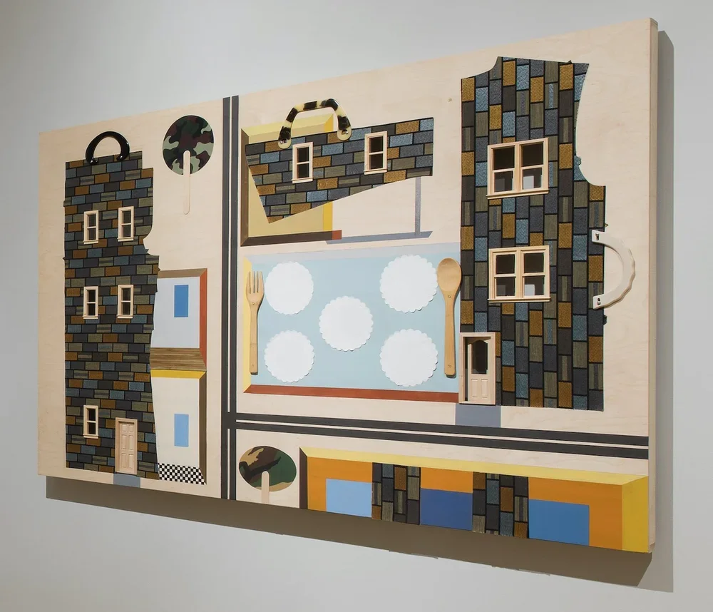  Family Style. 2018.  
 
Fabric, acrylic paint, wood, and paper on wood panel. 48 in. x 72 in. From the “Sanctuary” series. 