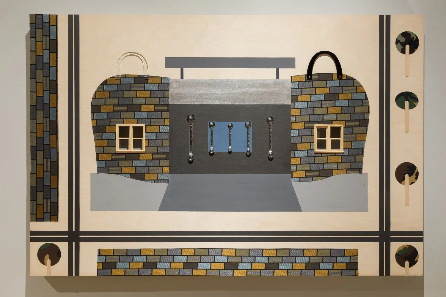  Come On By Mr. Hoodwrench. 2018.  
 
Fabric, acrylic paint, wood, and rubber on wood panel. 48 in. x 72 in. From the “Sanctuary” series. 