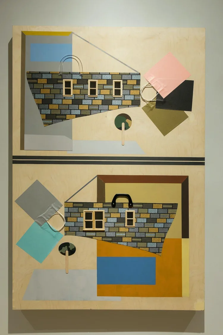  Stop and Shop With Us. 2018.  
 
Fabric, acrylic paint, wood, and paper on wood panel. 72 in. x 48 in. From the “Sanctuary” series. 