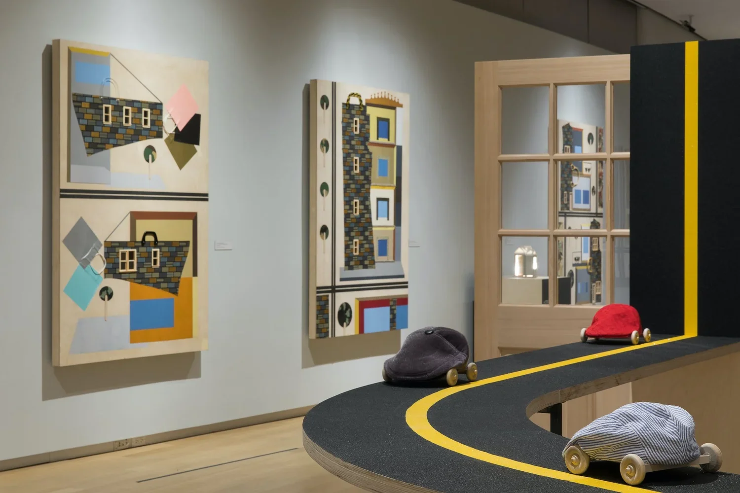  Keep Your Head Down and Your Eyes Open. 2018.  
 
Wood, acrylic paint, fabric, grip tape. Variable in. x variable in. From the “Sanctuary” series. 