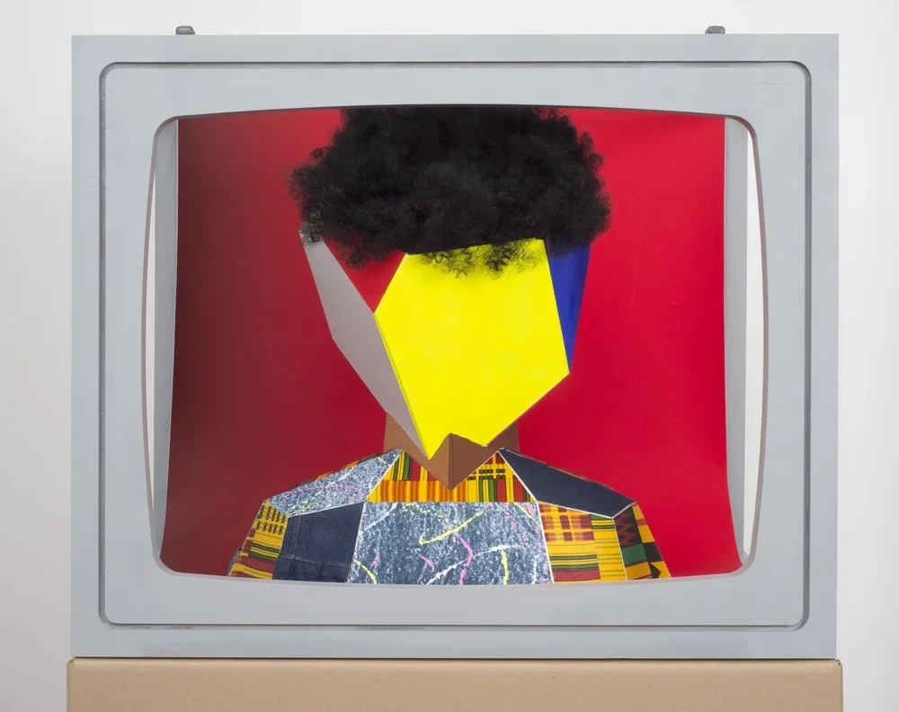  Boxhead 6. 2014.  
 
Mixed media sculpture. 23 in. x 28 in. x 19 in. From the “LIVE and IN COLOR” series. 