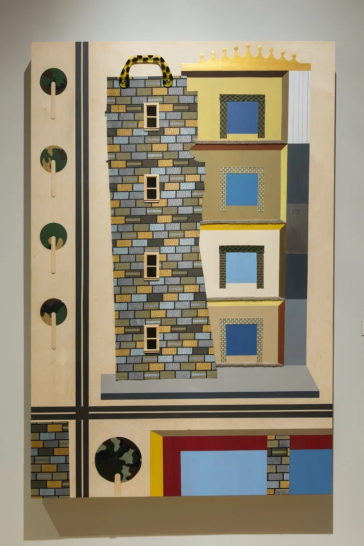  Stay Above The Rest. 2018.  
 
Fabric, acrylic paint, wood, paper on wood panel. 72 in. x 48 in. From the “Sanctuary” series. 