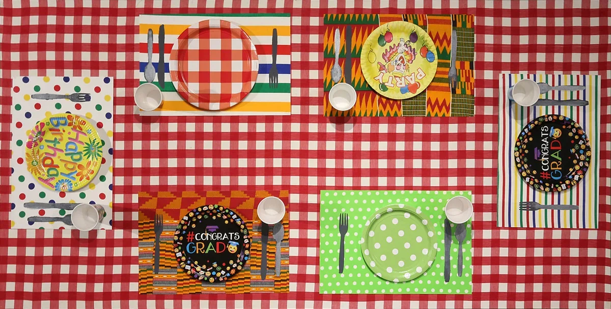  Tables Turned 1. 2016. 
 
Mixed media sculpture and collage on hardboard panel. 36 in. x 72 in. From the "Culture Club" series.