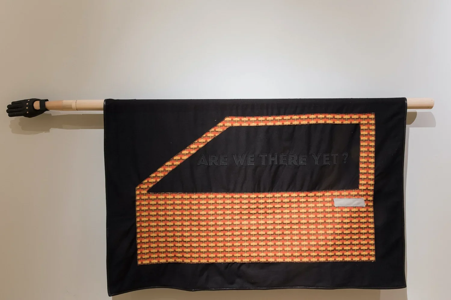  En Route 2: We've Come A Looong Way. 2018.  
 
Fabric, thread, leather, wood, and metal hardware. 40 in. x 85 in. From the “Sanctuary” series. 