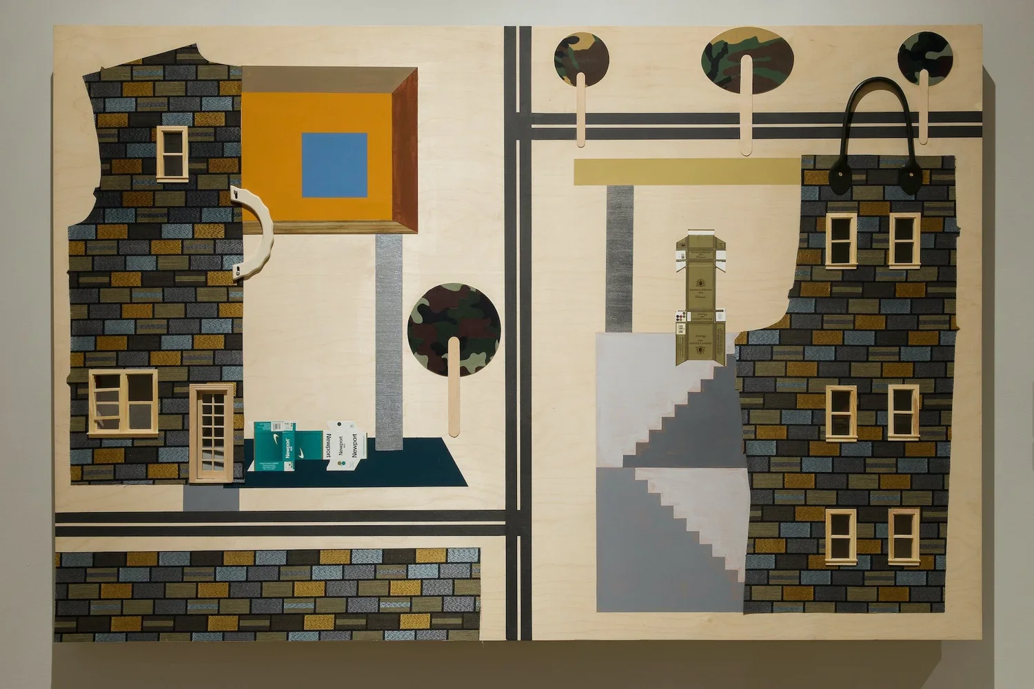  Upscale Lowbrow. 2018.  
 
Fabric, acrylic paint, wood, and paper on wood panel. 48 in. x 72 in. From the “Sanctuary” series. 