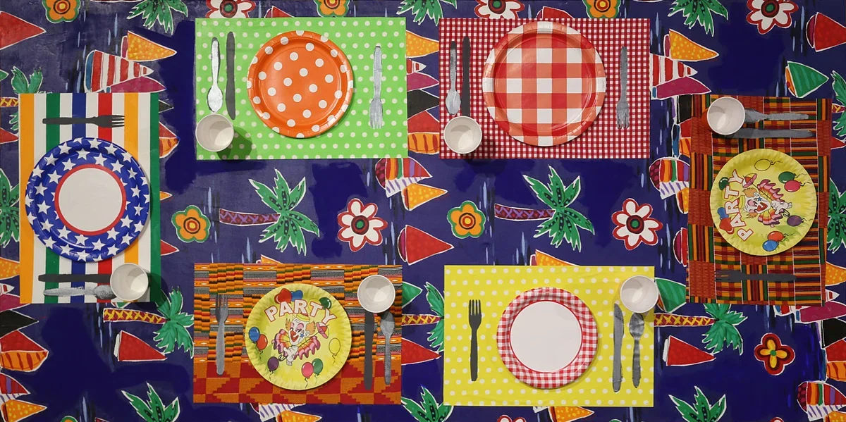  Tables Turned 4. 2016. 
 
Mixed media sculpture and collage on hardboard panel. 36 in. x 72 in. From the "Culture Club" series.