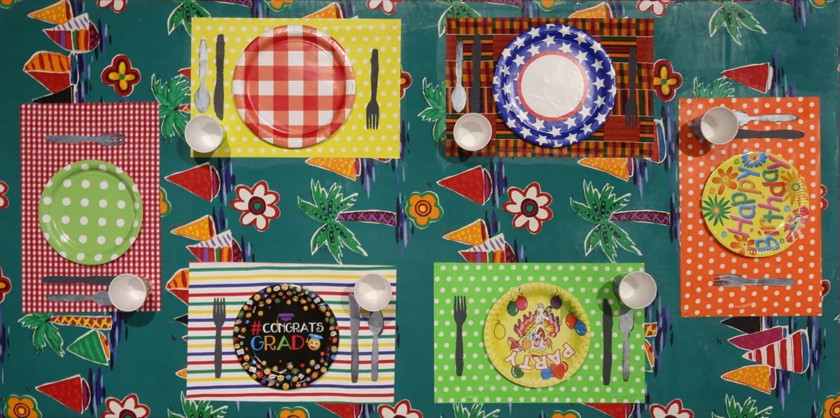  Tables Turned 2. 2016. 
 
Mixed media sculpture and collage on hardboard panel. 36 in. x 72 in. From the "Culture Club" series.