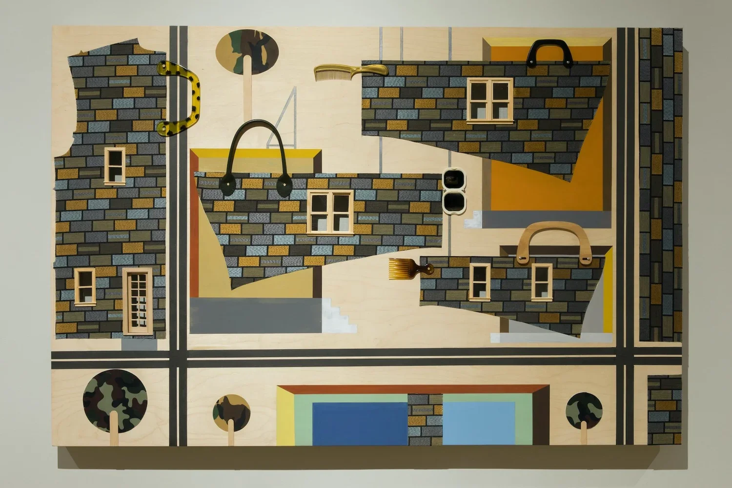  There's More Than One Beauty School. 2018.  
 
Fabric, acrylic paint, wood, and paper on wood panel. 48 in. x 72 in. From the “Sanctuary” series. 