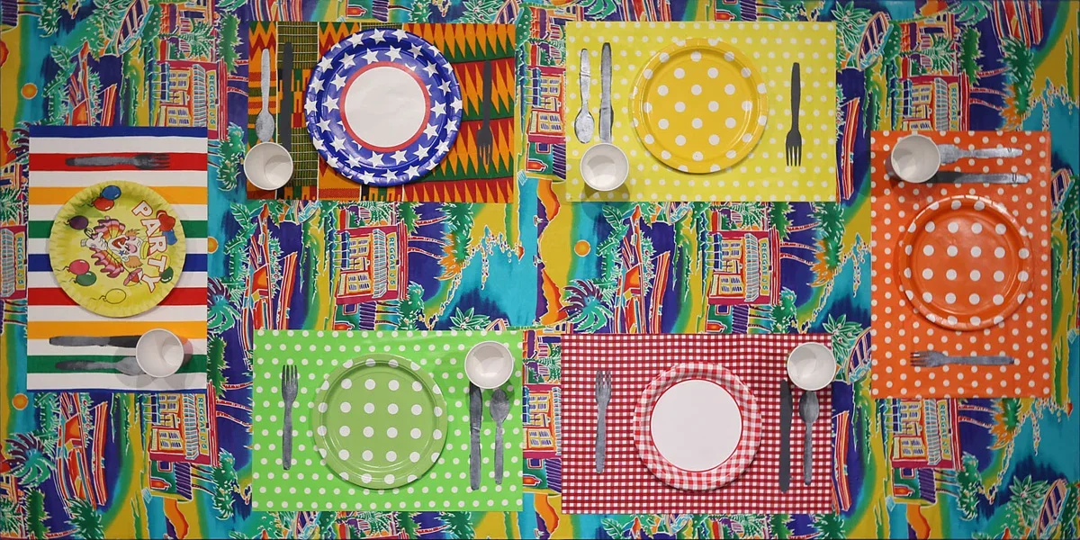  Tables Turned 3. 2016. 
 
Mixed media sculpture and collage on hardboard panel. 36 in. x 72 in. From the "Culture Club" series.