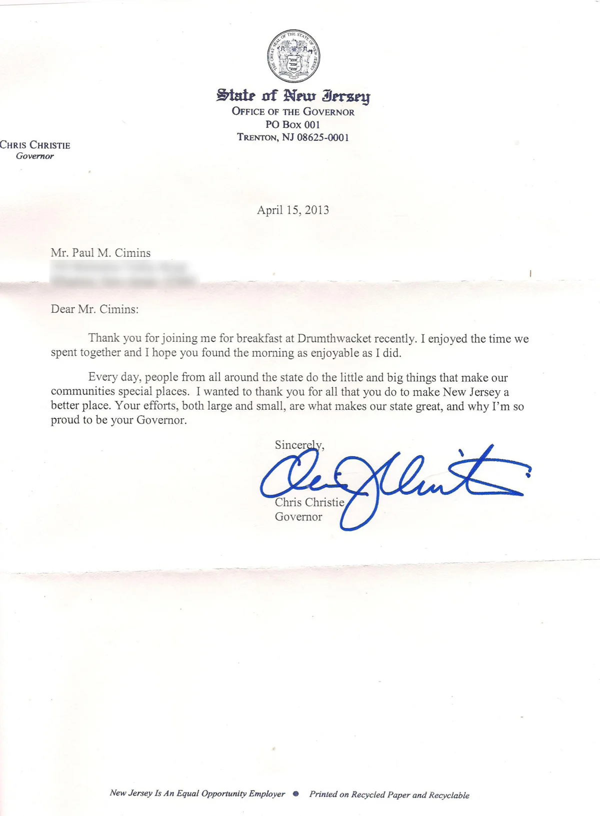 Letter from Governor Christie of NJ.