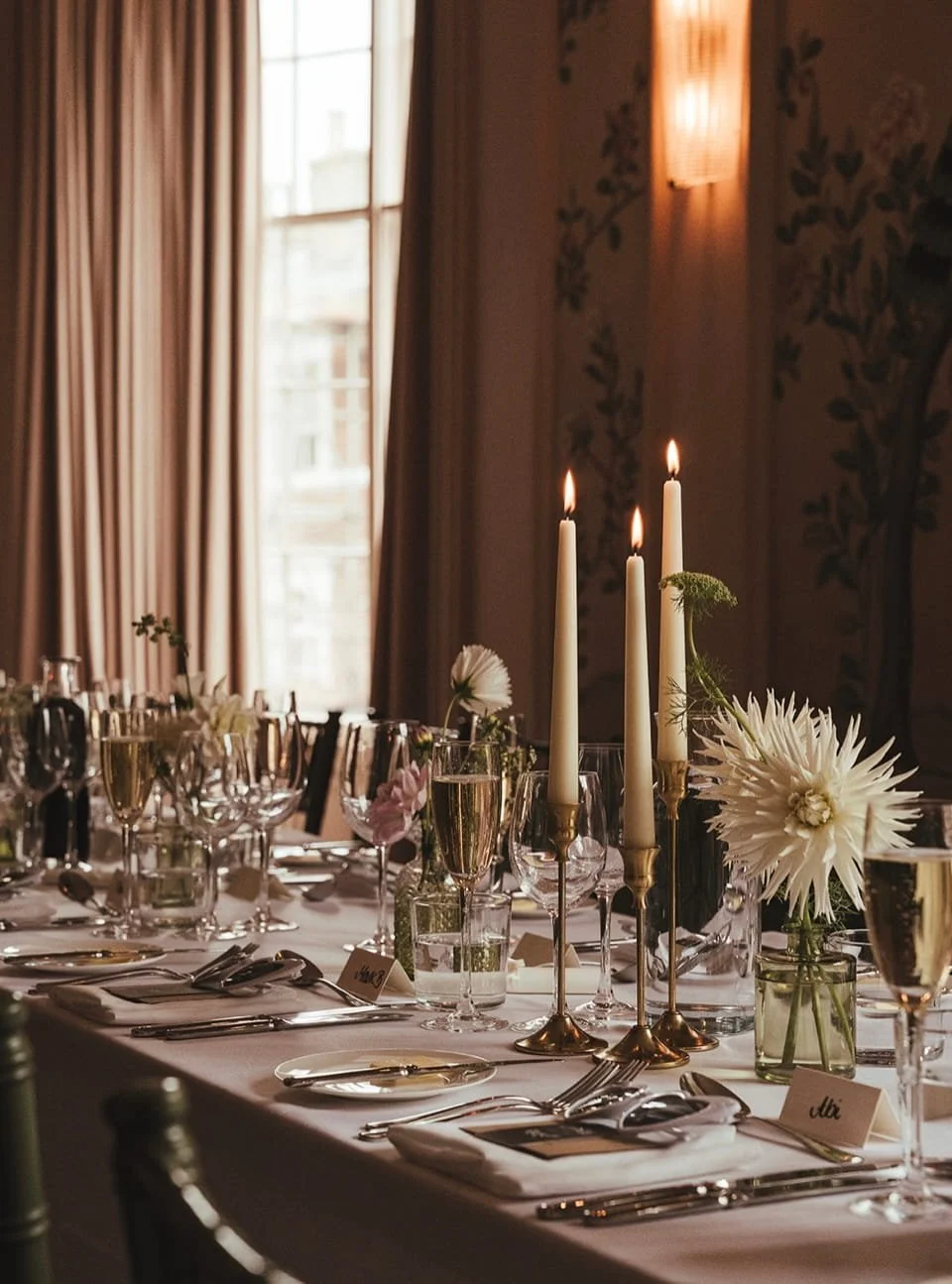 Simple but stylish wedding reception decor in the Ballroom at the George Hotel, using seasonal white flowers and elegant taper candles