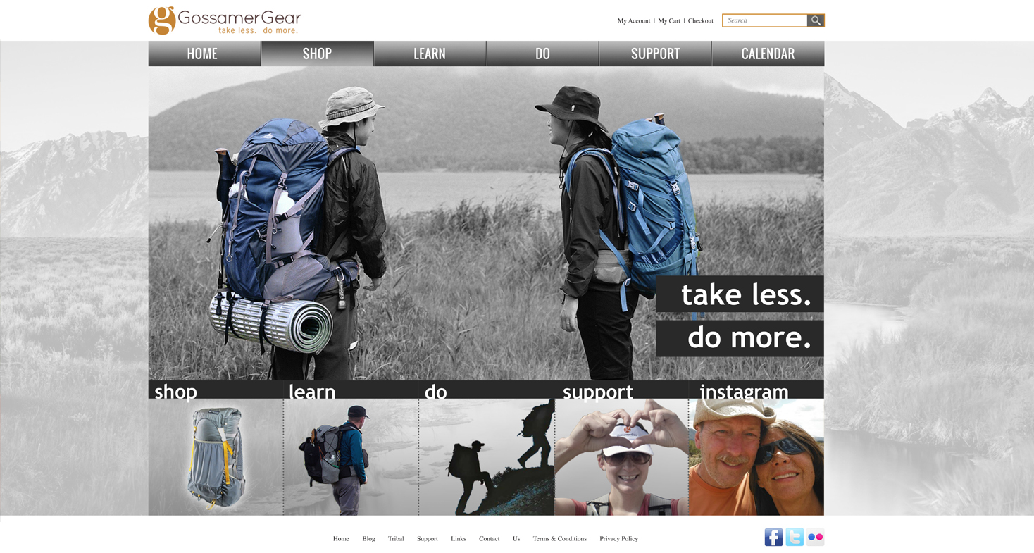Gossamer Gear home page mock-up