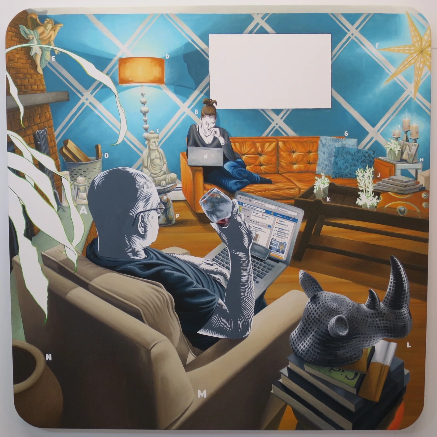 My new piece "Created Pages" for "Unsettled Identity"  On a canvas that is the shape of an “app” on your phone I reference catalog pages that have used letters to identified objects of desire to represent the commodification of ourselves o…