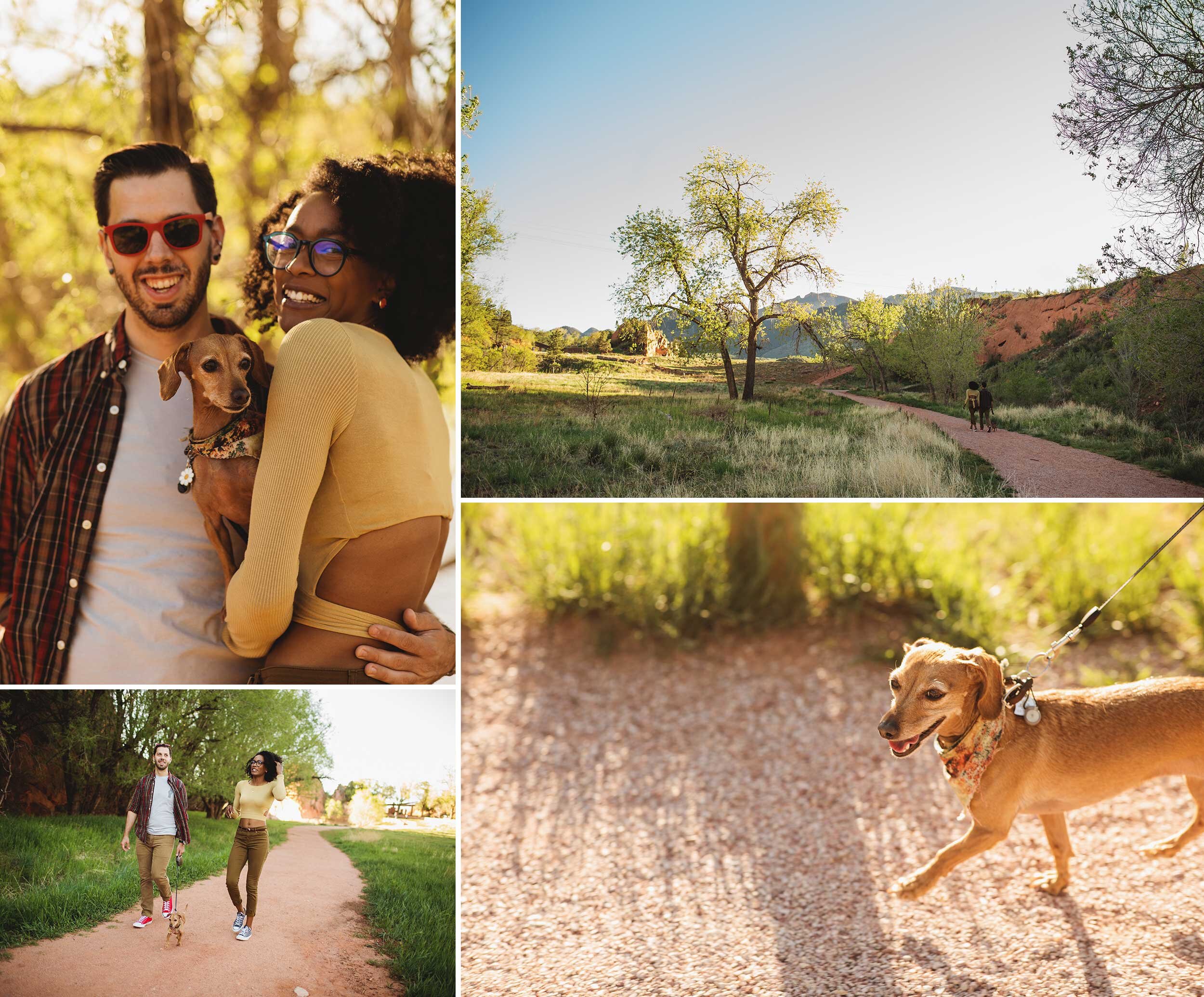smiling mixed couple in casual outfits walking on a reddish gravel path through open space with their small brown dog