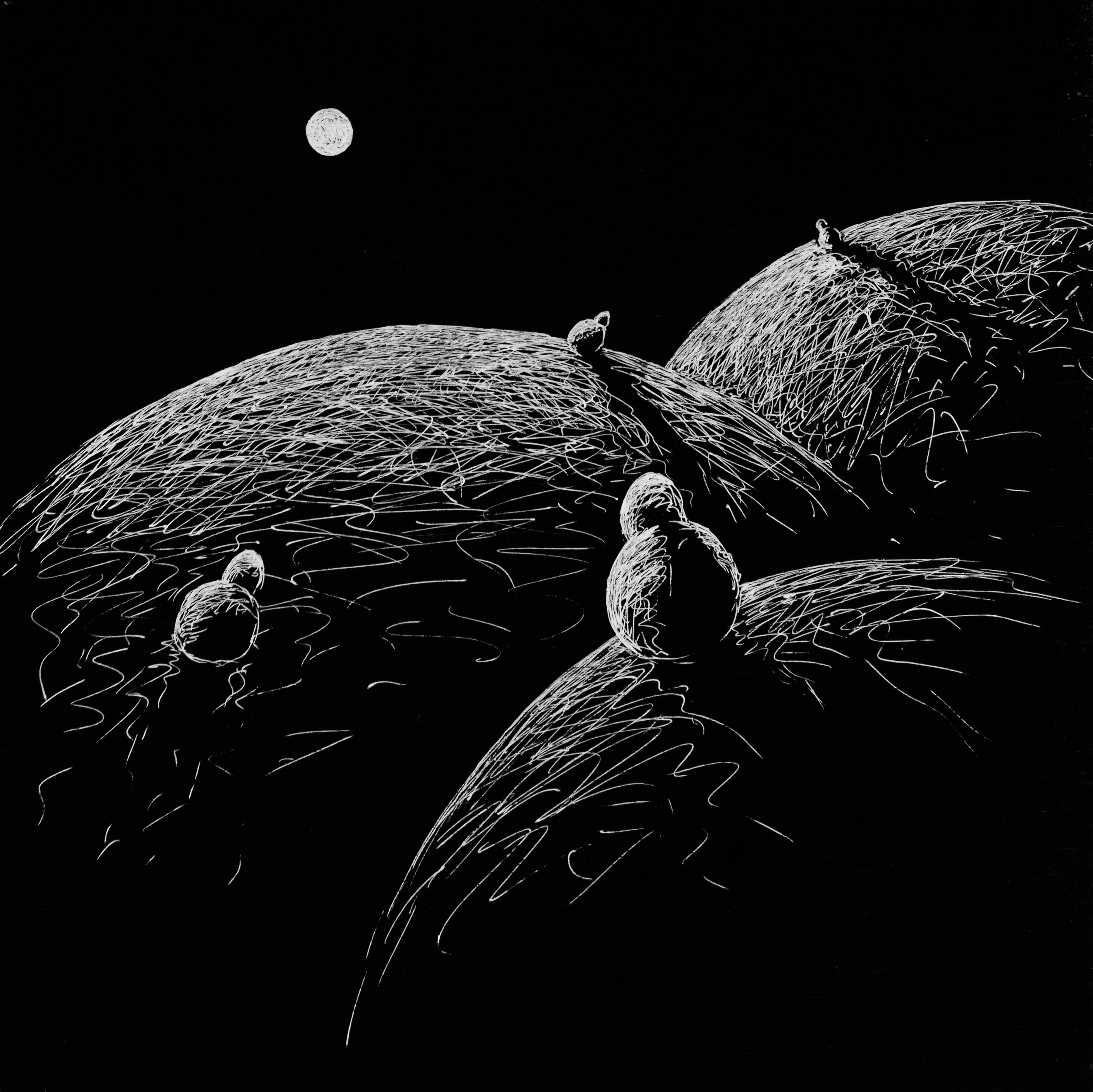 Bumps in the Road • 10 x 10 • Silver pen on black panel • Sold