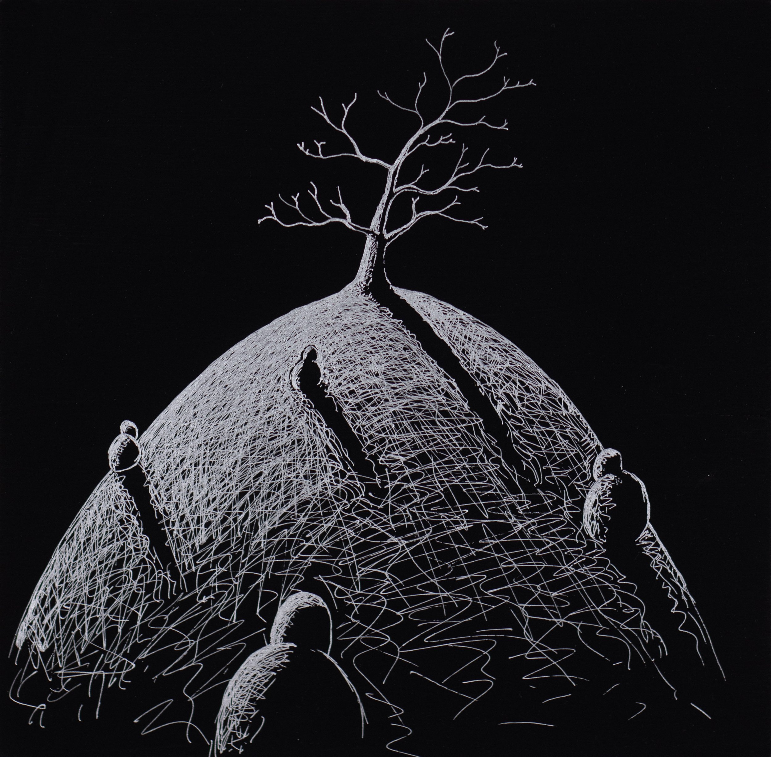 Growing • 10 x 10 • Silver pen on black panel • Sold