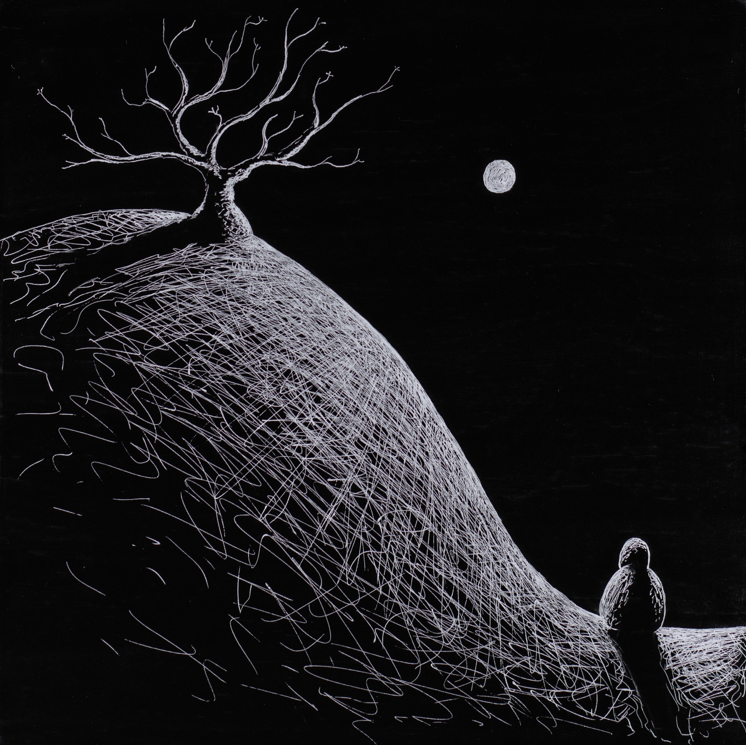 Tree on the Hill • 10 x 10 • Silver pen on black panel • Sold
