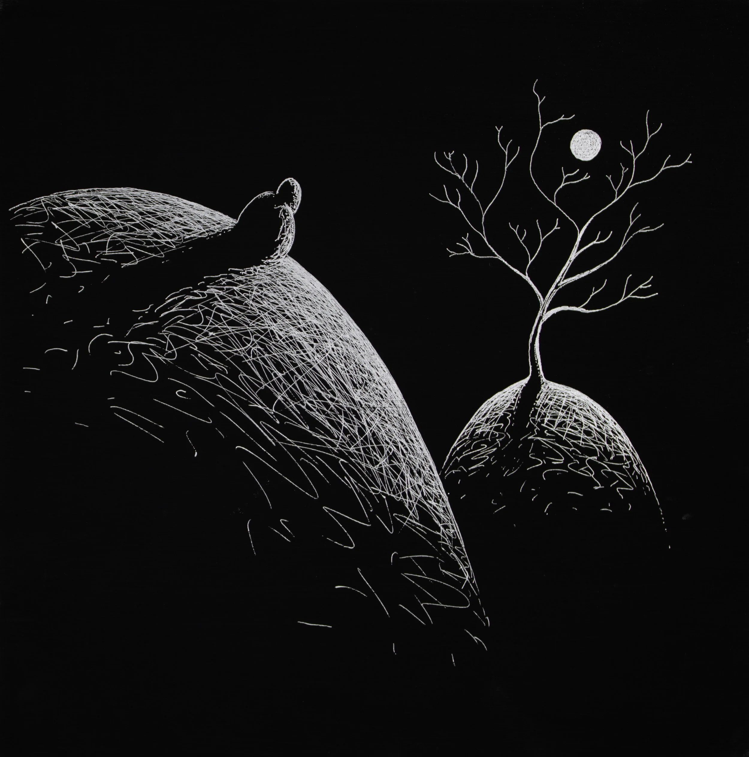 Tree Moon • 10 x 10 • Silver pen on panel • Sold