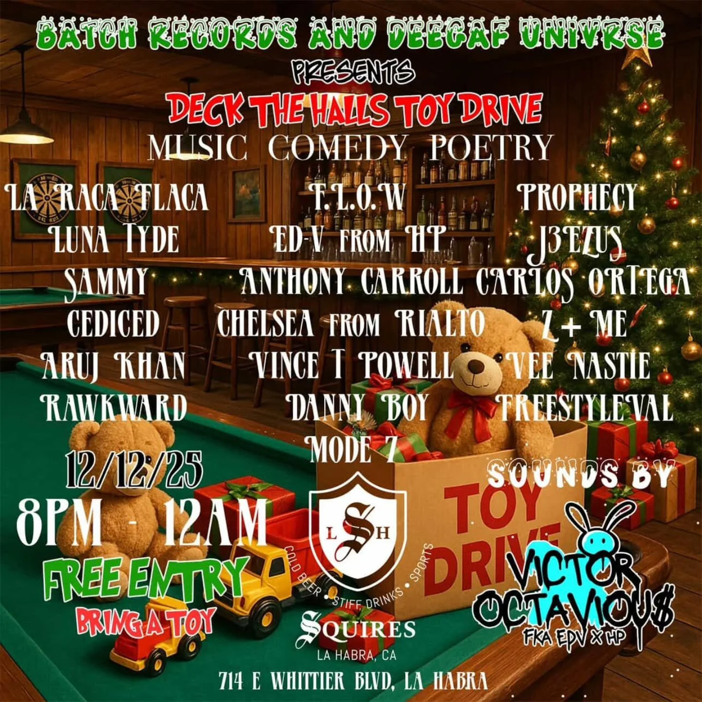 TOY DRIVE! Join me this Friday night, 12/12/25! Free event at @squireslh in La Habra, CA! I'll be performing a few songs in support of the @deegafunivrse x @batchrecords toy drive. Have some drinks and join the fun and bring a new toy!