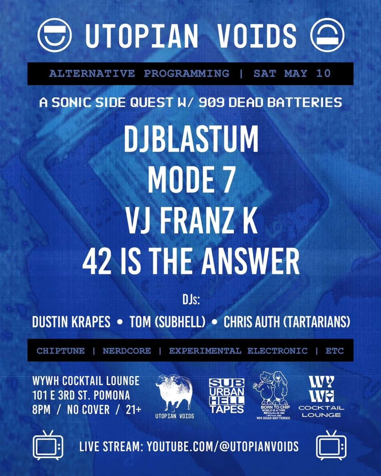 This Saturday May 10 in Pomona at @wywh.cocktaillounge catch me performing live! Free event! kicks off 8PM presented by @utopianvoids w/ @djblastum @vjfranzk @begoodjoushy @dmkdust @suburbanhelltapes @official_chris_auth  See you there!
🔥🎵🎤🍺🎵🔥
