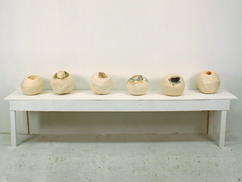 Studio installation of Cross Section Set , 2010, Clay, approximately 13 inches in diameter each
