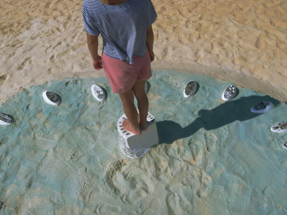 Guy Ben-Ari and Leah Wolff, Time Loops - Human Sundial , 2011, Sand, plaster and acrylic paint, 5 x 14 x 14 ft