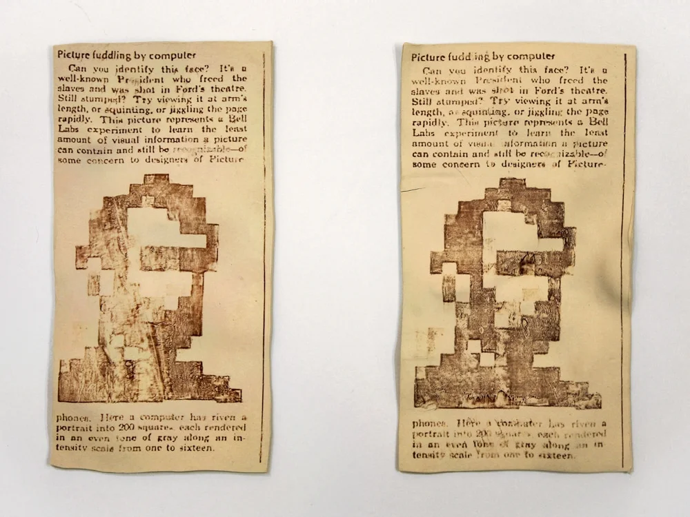 Picture Fuddling by Computer , 2014, photo transfer on clay, 12 x 6 1/2 in. each