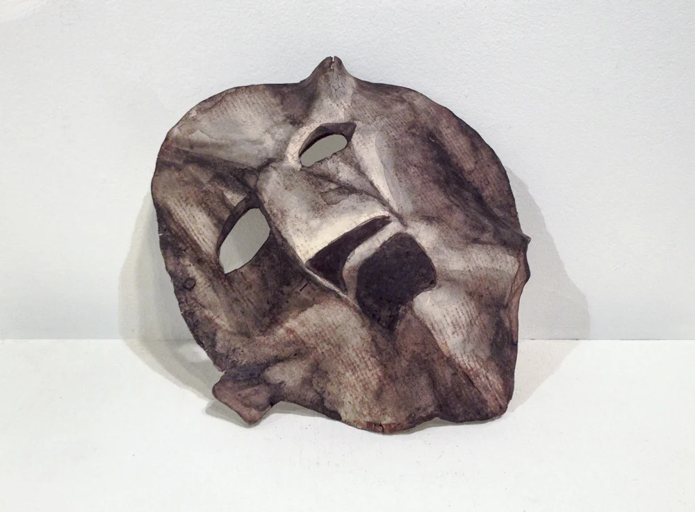 Deerskin Face Mask , 2014, Photo transfer onto clay with paint, 11 x 9 x 2 in.