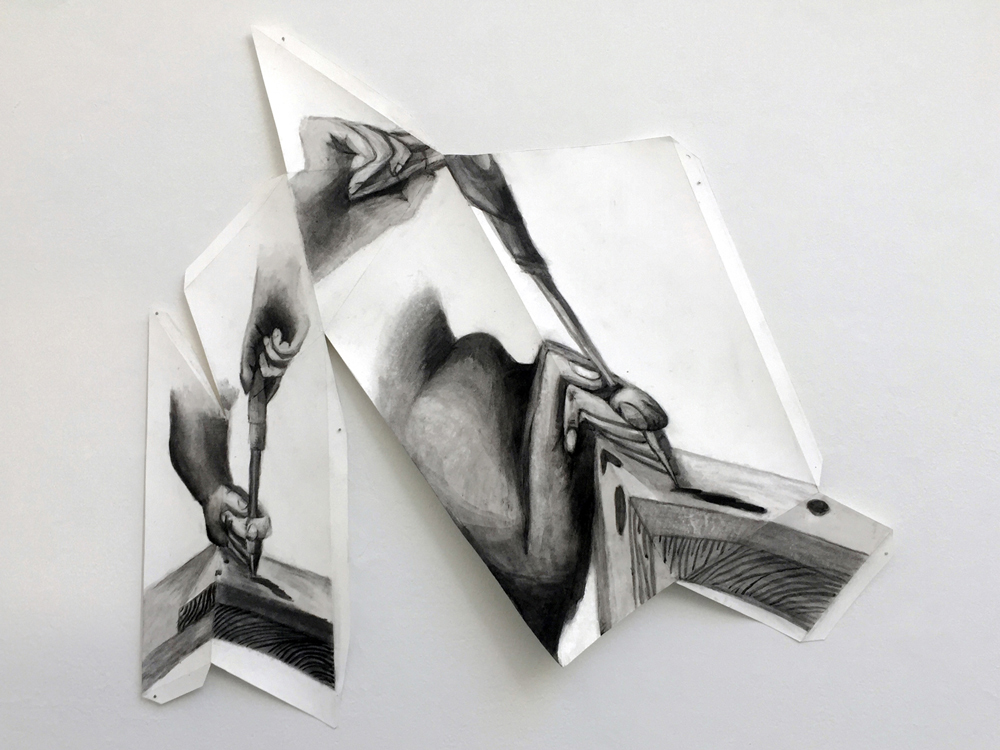 NET: Woodworking by hand , 2016, Guache and charcoal on paper. approx 24 x 32 in