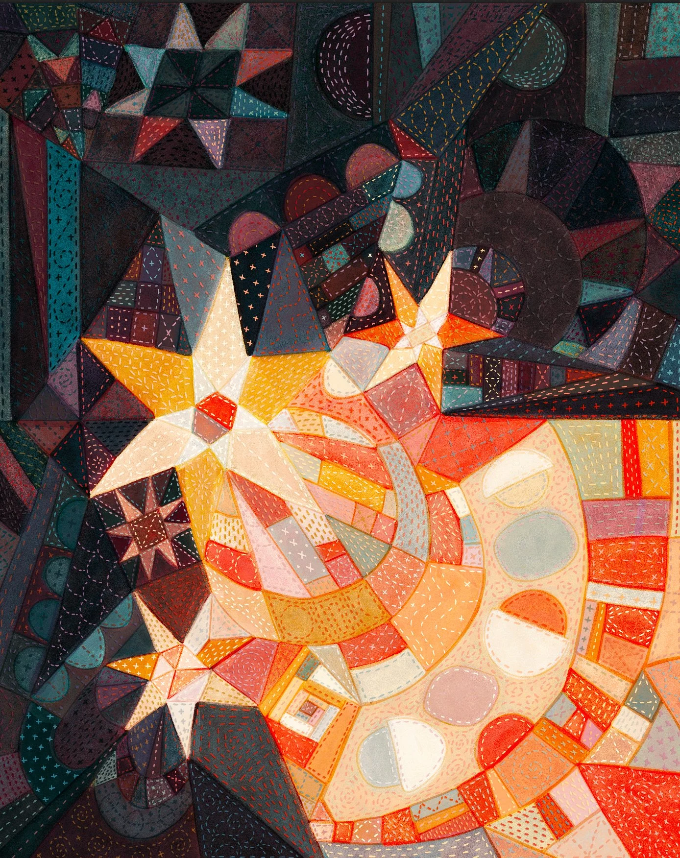 Detail of digital art piece created by Lauren Bonney without the use of generative AI. A shooting star on a patchwork field of dark shades with contrasting digital stitches.