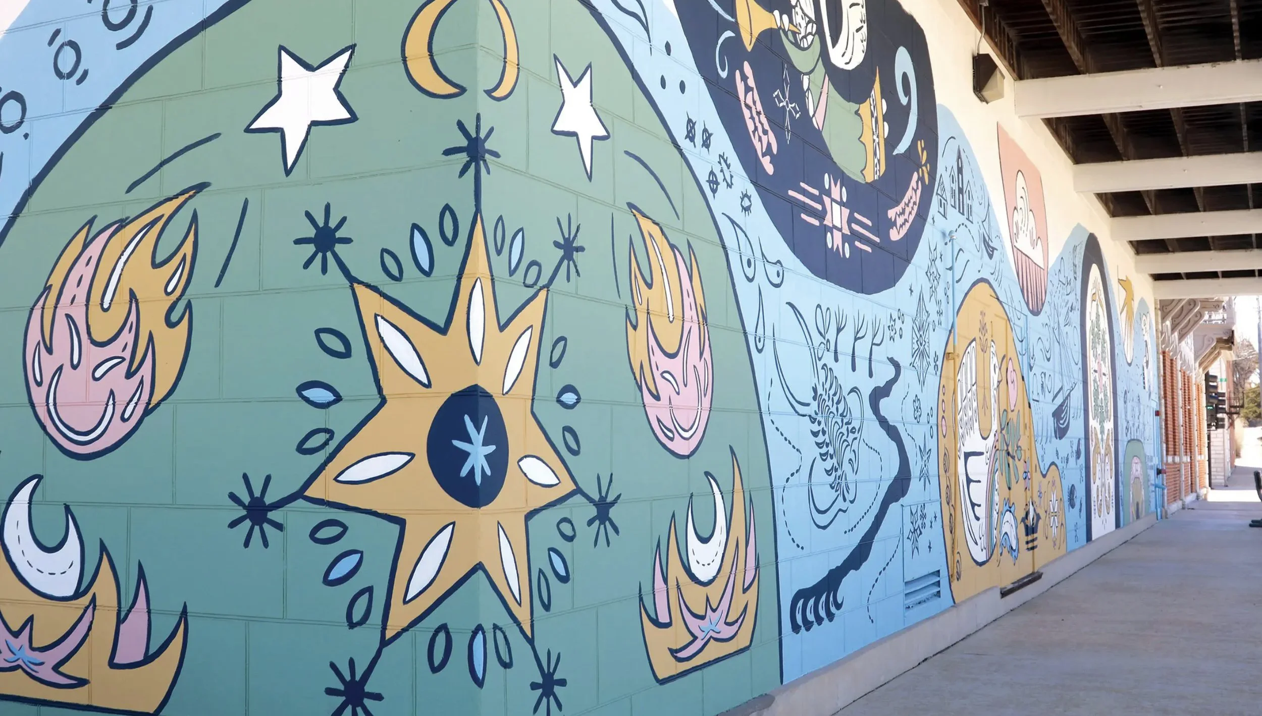 Detail of digital art piece created by Lauren Bonney without the use of generative AI. Mural installed on Vesterheim Museum’s west wall depicting the immigrant experience in Decorah, IA.