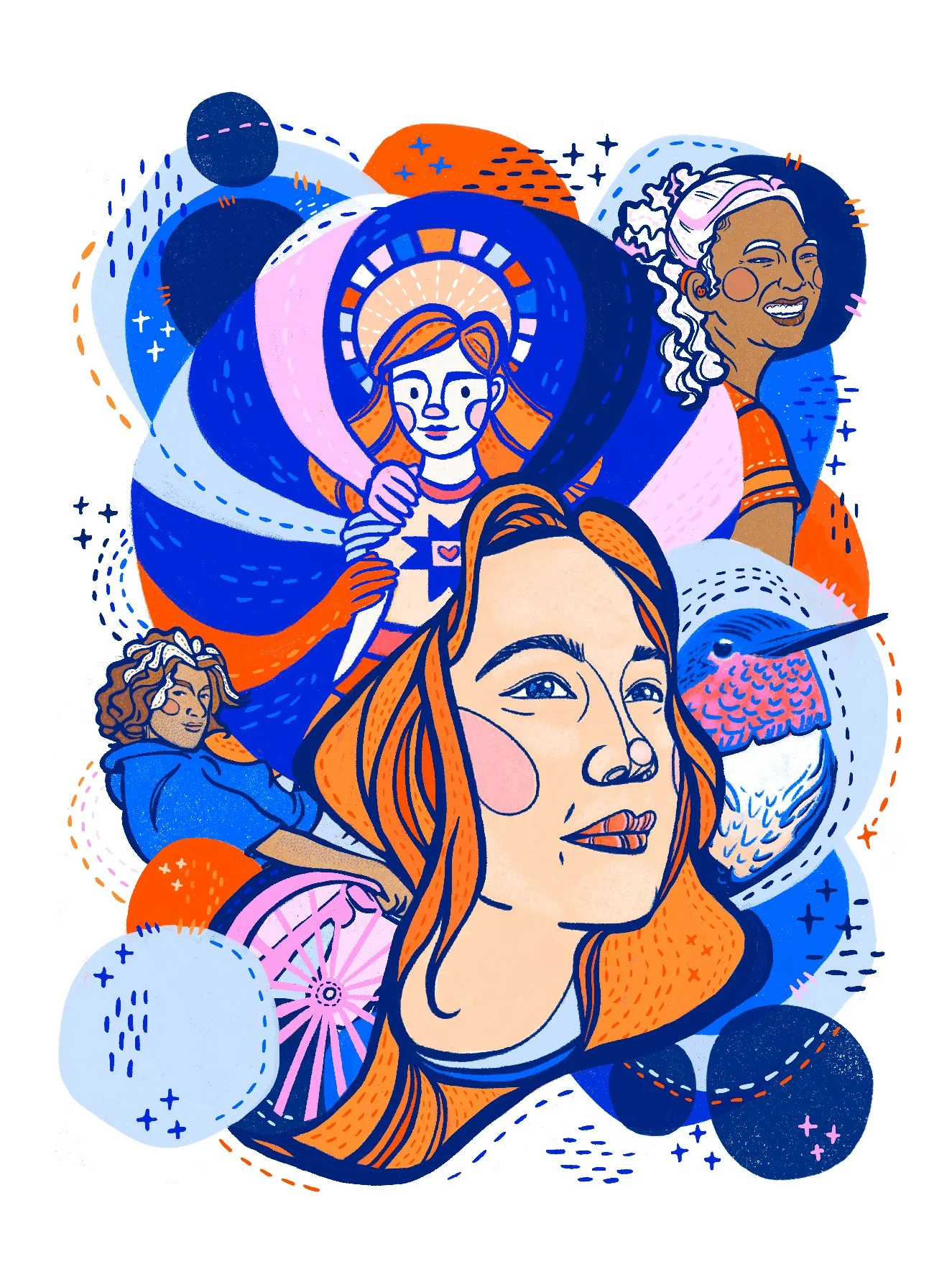 Detail of digital art piece created by Lauren Bonney without the use of generative AI. Illustration in pink, orange, and blue of the artist’s experience of disability and belonging.
