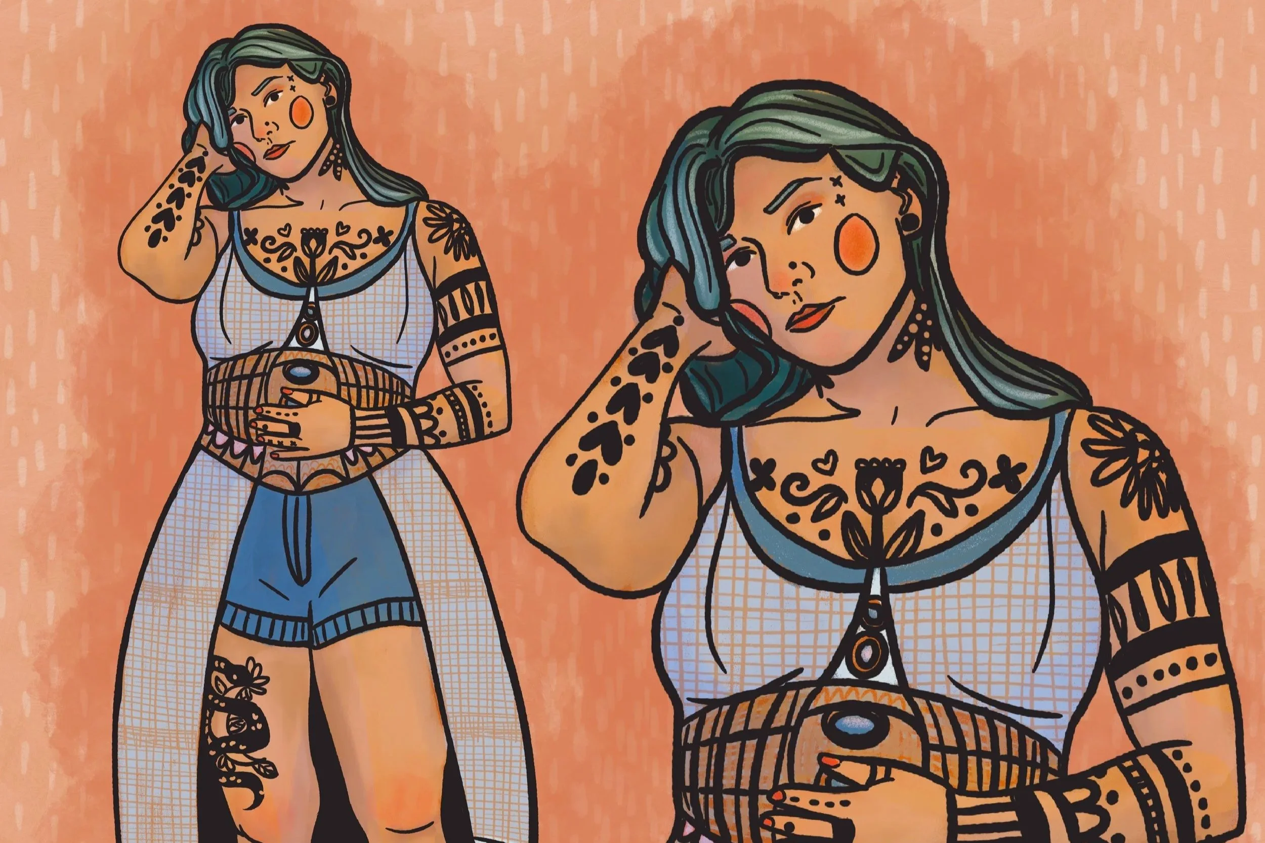 Detail of digital art piece created by Lauren Bonney without the use of generative AI. Character design of woman with aqua hair and many tattoos standing in flowing dress and shorts.