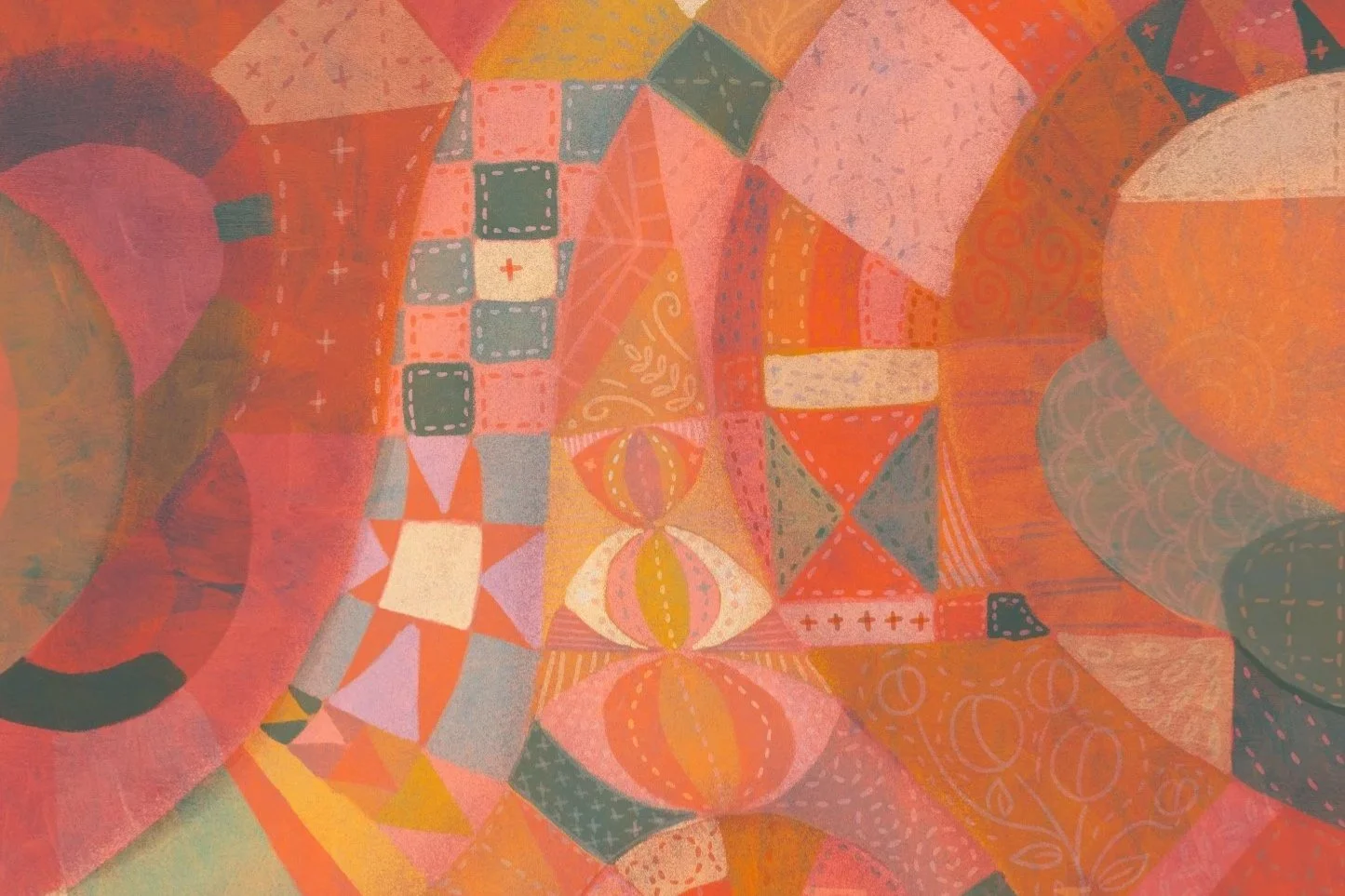 Detail of digital art piece created by Lauren Bonney without the use of generative AI. A patchwork of warm colors swirling across the screen with details that look like embroidered stitches.