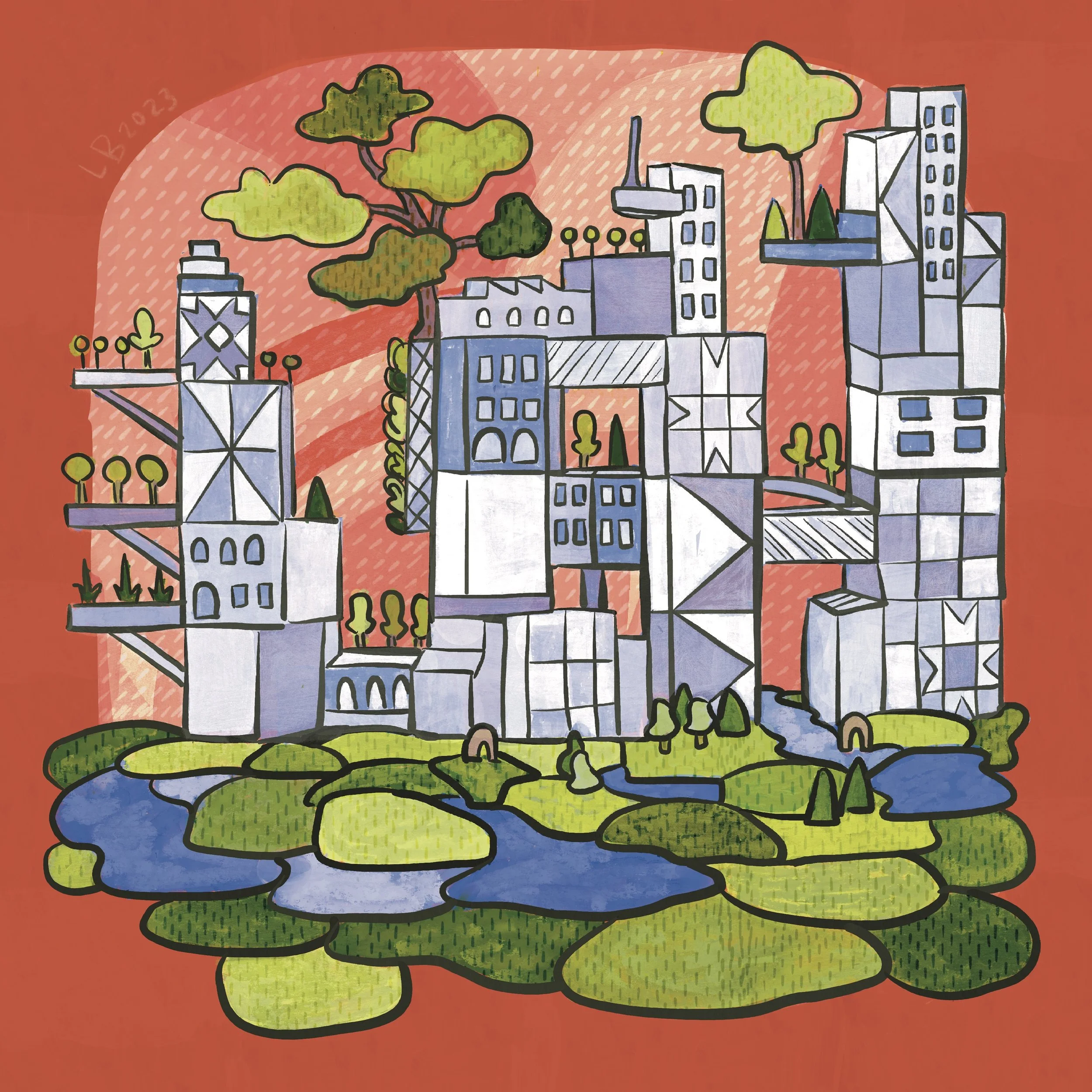 Detail of digital art piece created by Lauren Bonney without the use of generative AI. Buildings and nature work together to create an illustration of the future.