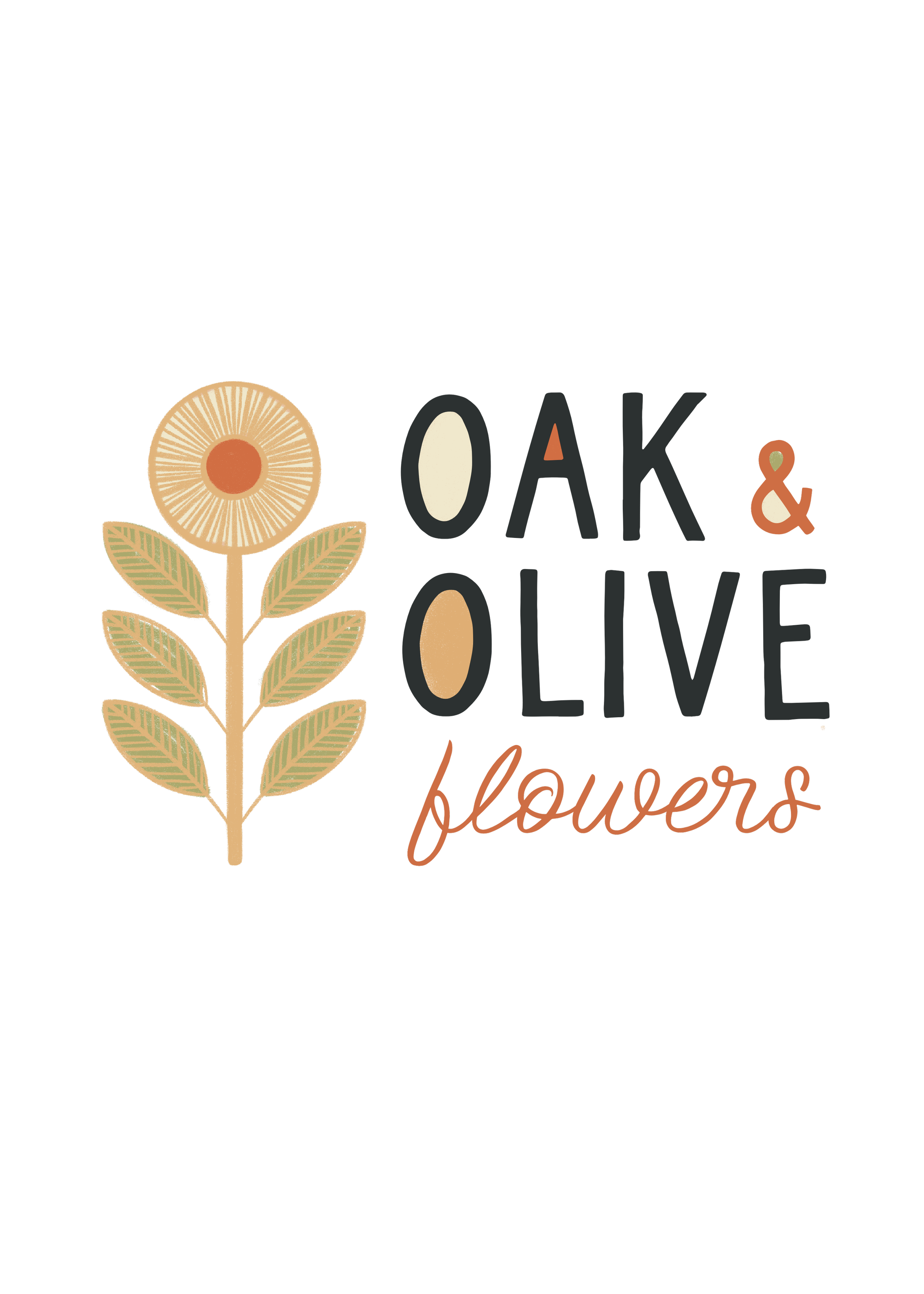 Detail of digital art piece created by Lauren Bonney without the use of generative AI. Logo of business reading Oak and Olive Flowers next to a tall sunflower in folk art style.