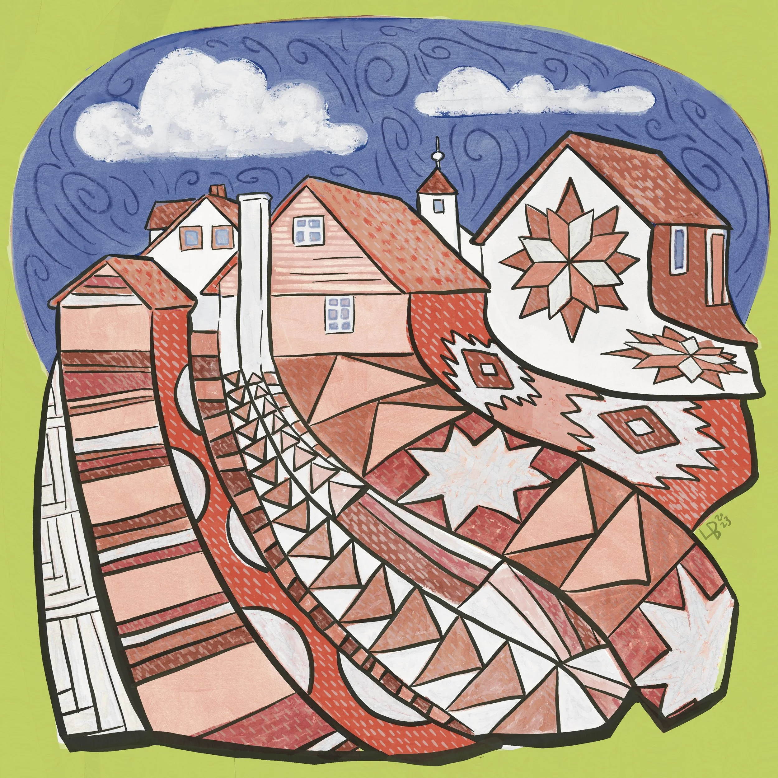 Detail of digital art piece created by Lauren Bonney without the use of generative AI. Image of homes in red, coral, and white against a blue sky and green field turning into a patchwork quilt.