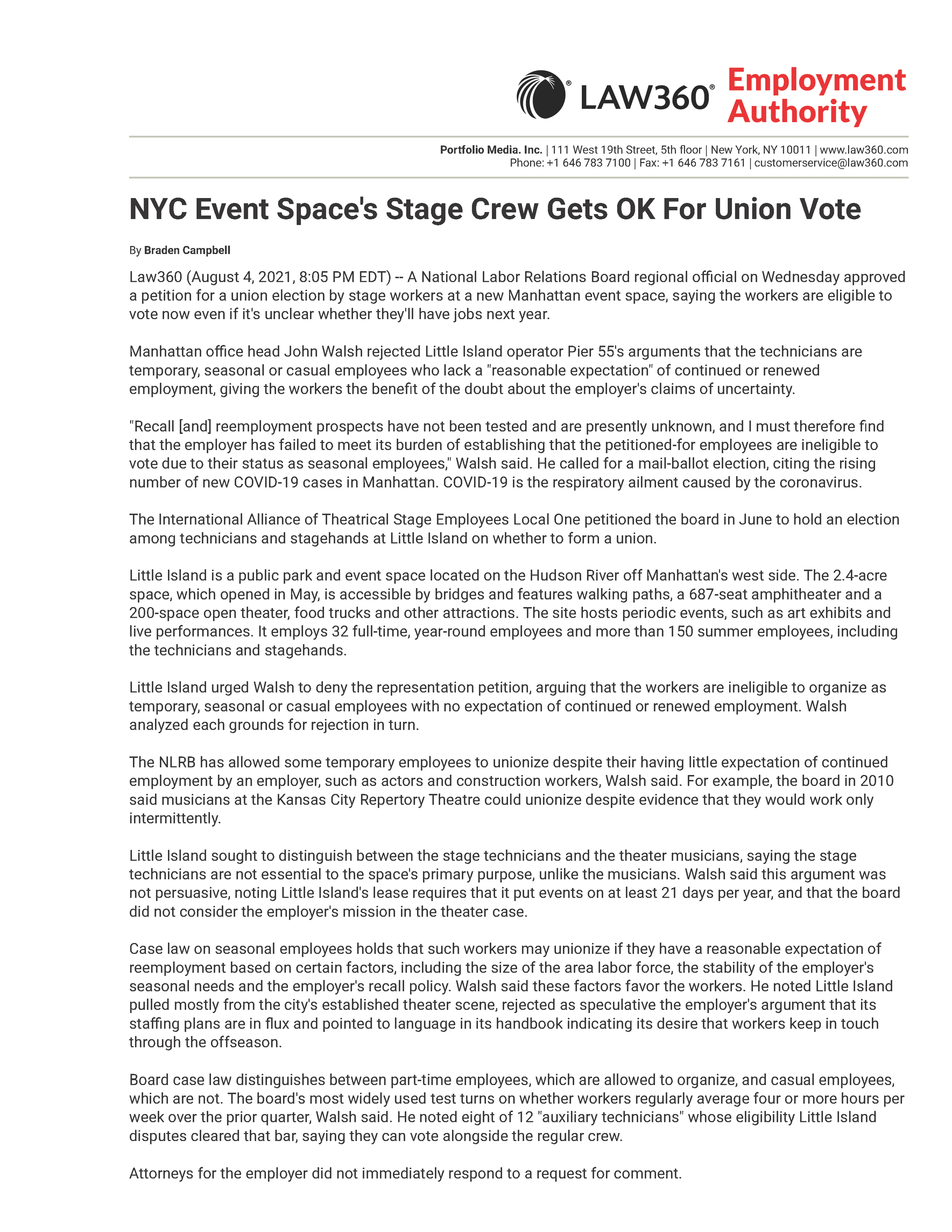 NYC Event Space's Stage Crew Gets OK For Union Vote - Law360_Page_1.png