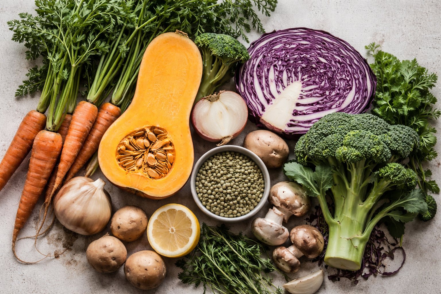 Seasonal vegetables used in circular kitchen systems, highlighting whole-ingredient cooking and waste reduction.