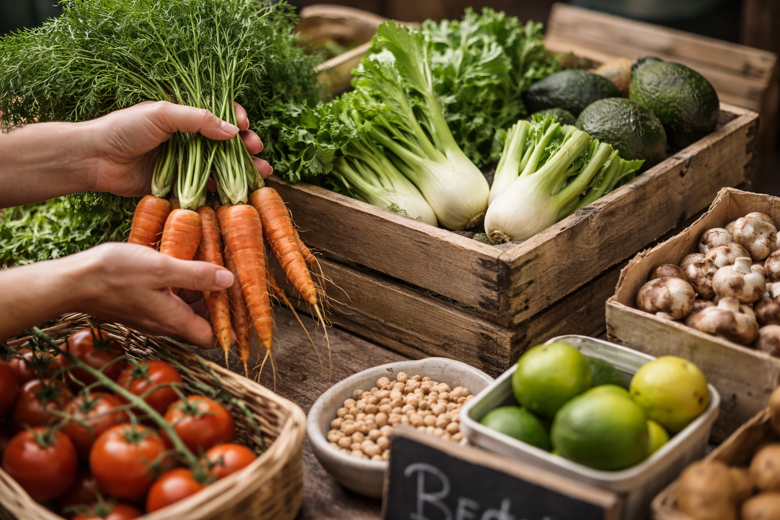 Person holding fresh organic carrots at a farmers market with other vegetables like tomatoes, lettuce, fennel, avocados, mushrooms, chickpeas, and limes displayed in wooden crates and baskets.
