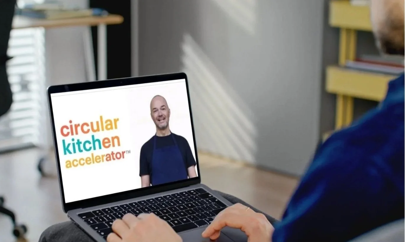Circular Kitchen Accelerator online program shown on a laptop, teaching practical circular kitchen and zero-waste food systems.
